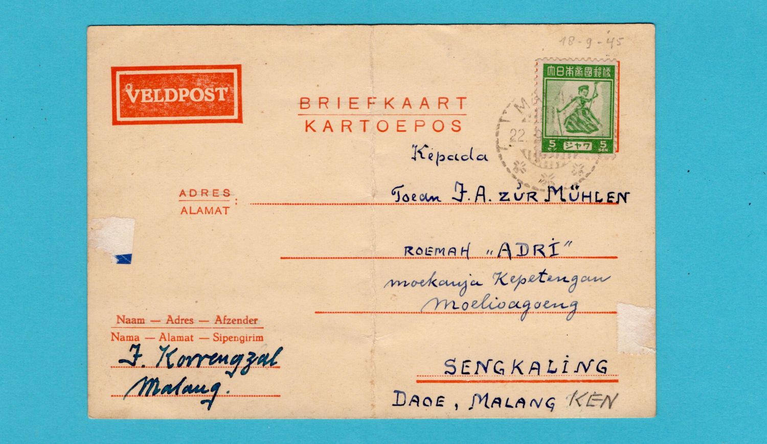 NETHERLANDS EAST INDIES card 18-9-1945 Malang to Sengkaling