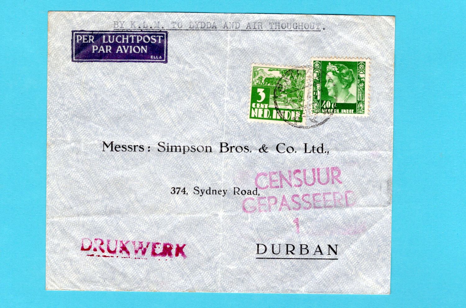 NETHERLANDS EAST INDIES air printed matter 24-2-1942 Batavia to Durban