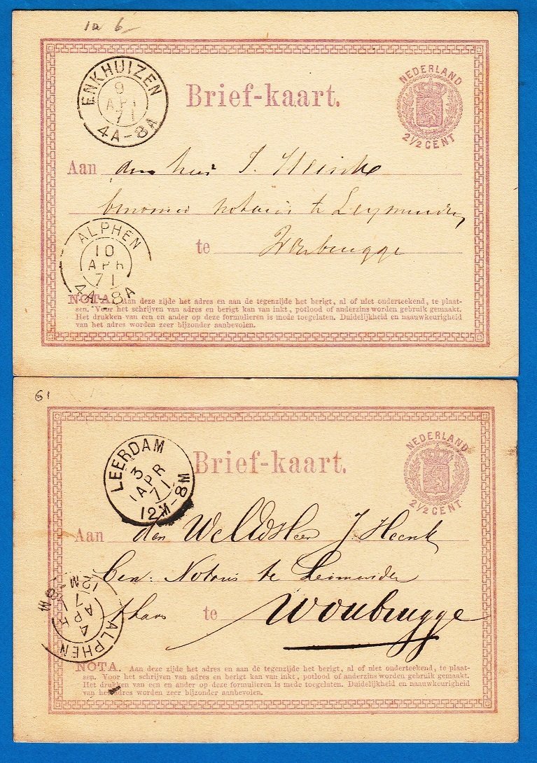 NEDERLAND 2 briefkaarten 1871 Leerdam en Enkhuizen naar Woubrugge