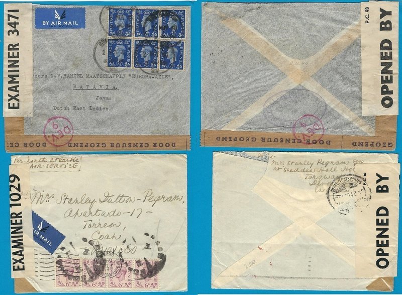 ENGLAND 2 censor airmail covers Nov 1940 to DEI, Au 1942 to Mexico