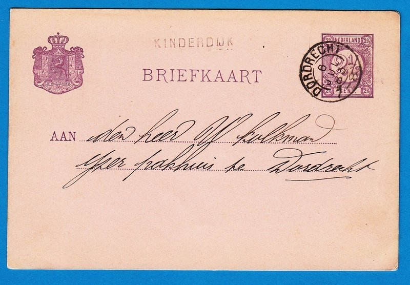 NEDERLAND briefkaart 1883 KINDERDIJK (langstempel) naar Dordrecht