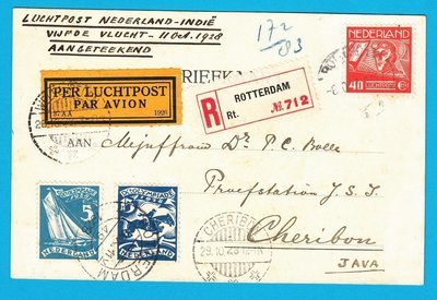 NEDERLAND R luchtpost kaart 1928 Rotterdam per 5e proefvlucht naar Cheribon