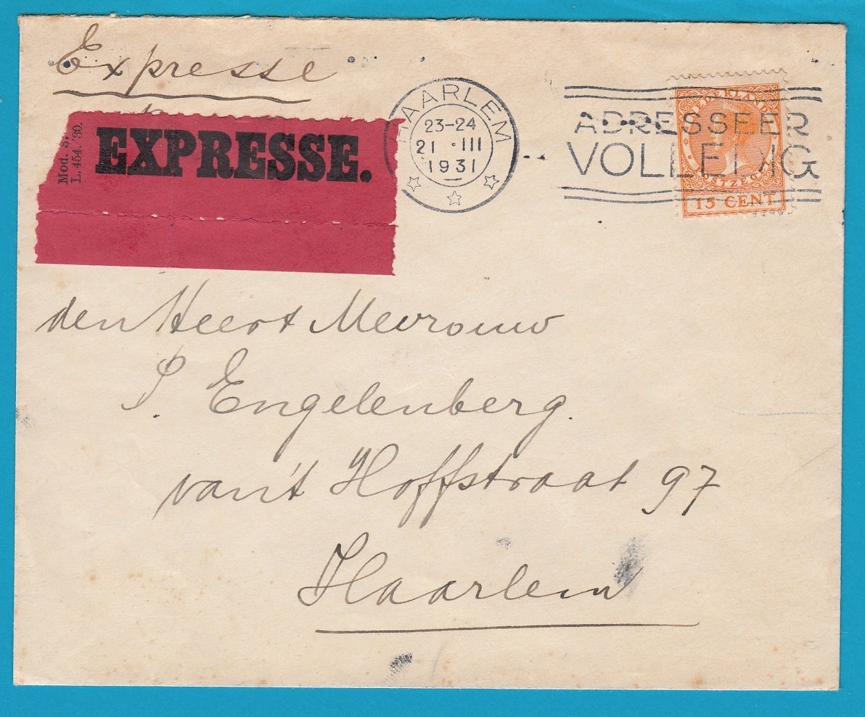 NEDERLAND expresse brief 1931 lokaal Haarlem