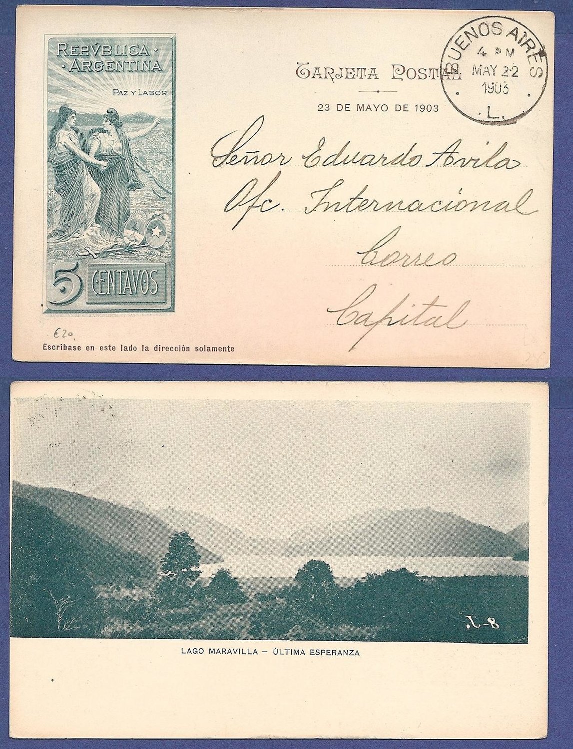 ARGENTINA illustrated postal card 1903 Lago Maravilla