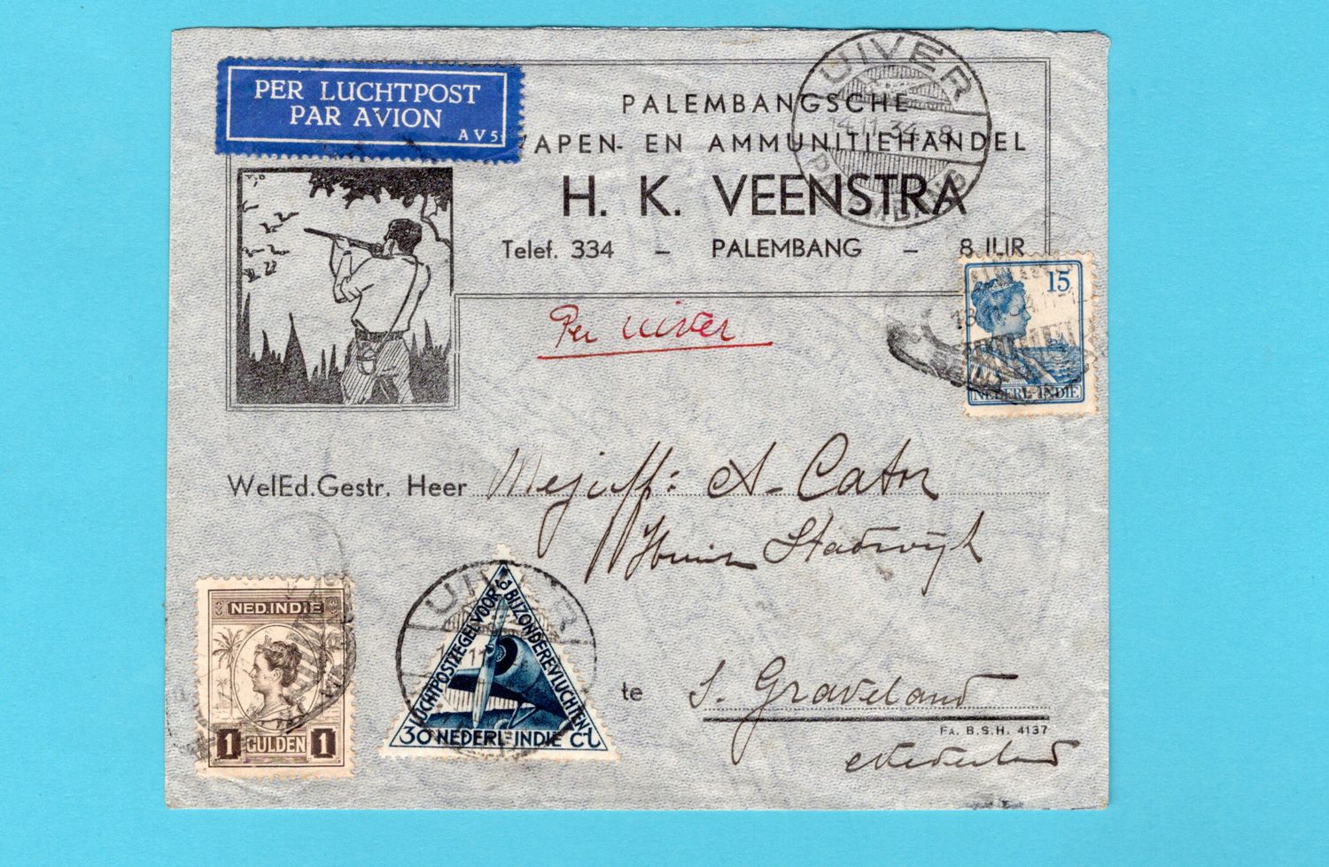 NETHERLANDS EAST INDIES air UIVER cover 1934 Palembang