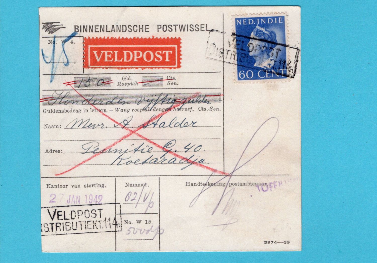 NETHERLANDS EAST INDIES fieldpost money order 1942