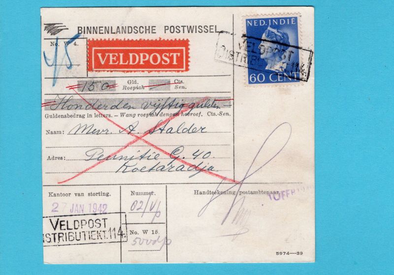 NETHERLANDS EAST INDIES fieldpost money order 1942