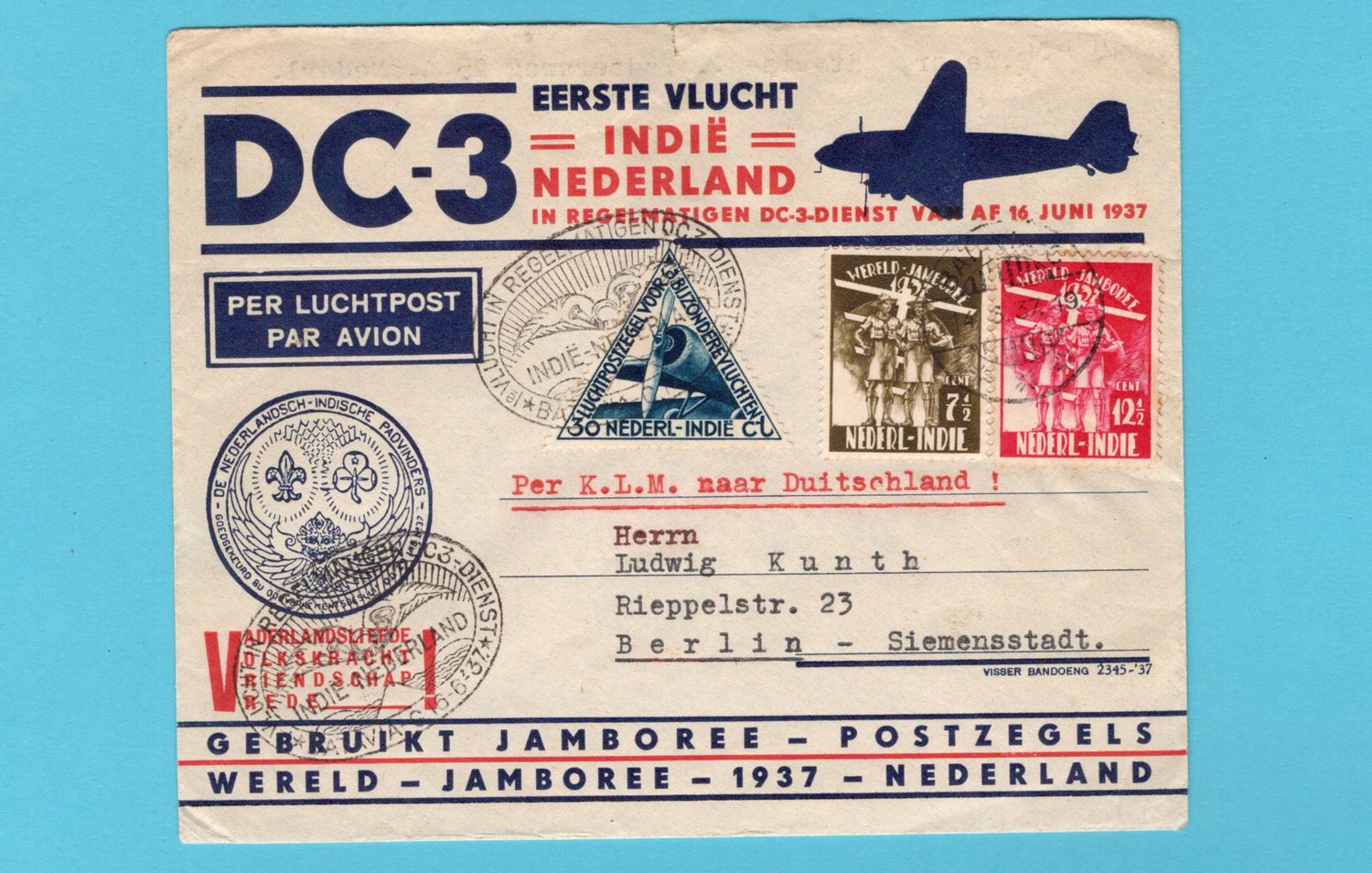 NETHERLANDS EAST INDIES jamboree cover 1937 Batavia + certificate