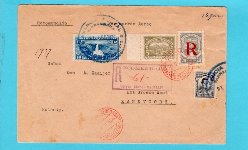 COLOMBIA SCADTA cover 1924 Medellin to Netherlands +certificate