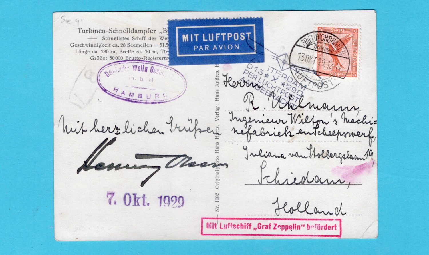 GERMANY Zeppelin PPC 1929 Friedrichshafen - Schiedam Netherlands