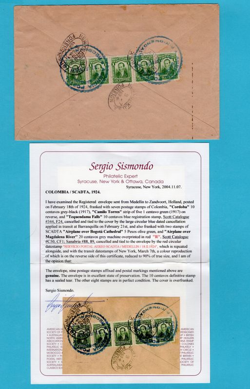 COLOMBIA SCADTA cover 1924 Medellin to Netherlands +certificate
