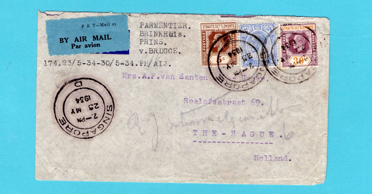 STRAITS SETTLEMENTS air cover 1934 Singapore to Netherlands