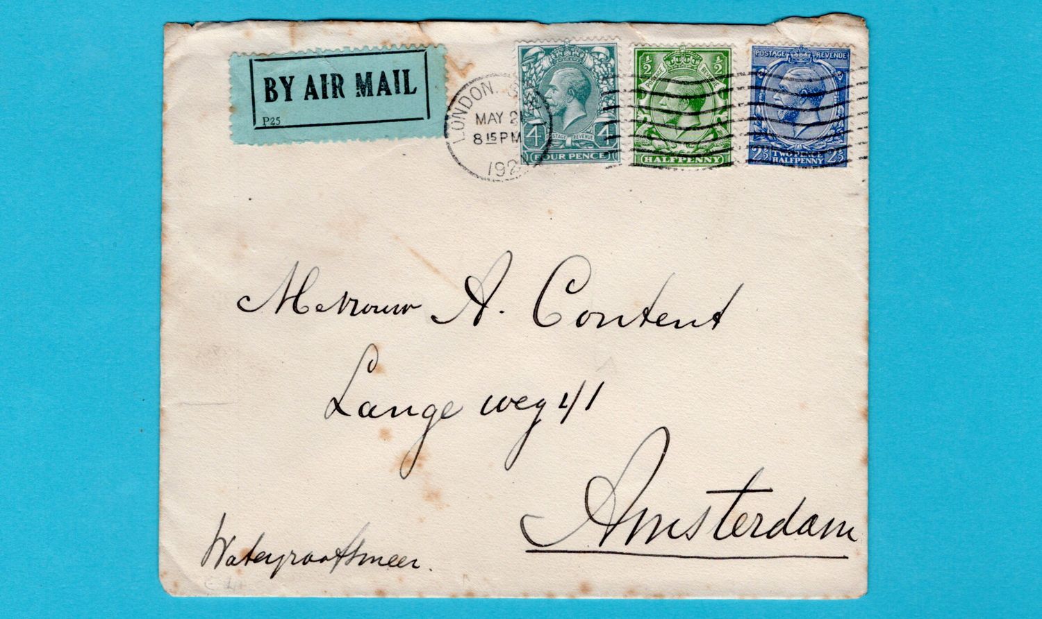 ENGLAND airmail cover 1921 London to Amsterdam, Netherlands