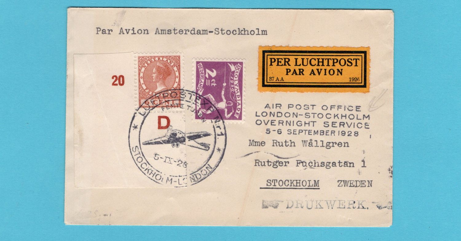 NETHERLANDS air cover 1928 Amsterdam - Stockholm overnight service