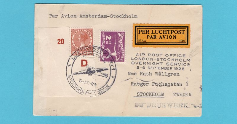 NETHERLANDS air cover 1928 Amsterdam - Stockholm overnight service
