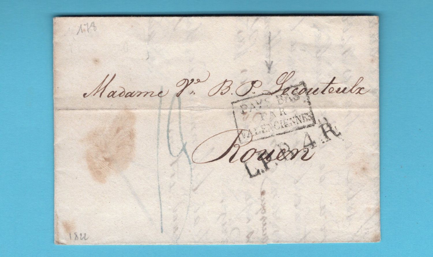 DUITSLAND brief 1822 Hamburg met Pays Bas par Valenciennes -Rouen