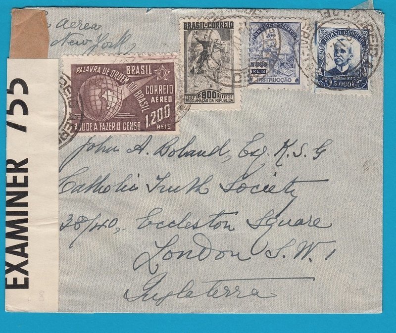 BRAZIL transatlantic air cover 1941 RdJ with censor to England