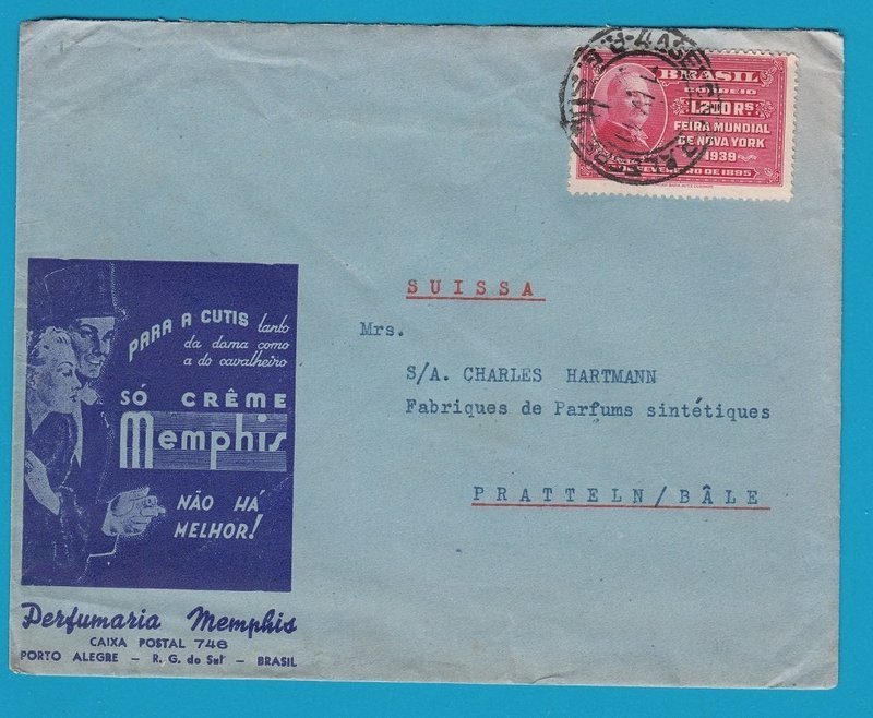 BRAZIL perfum illustrated cover 1940 Porto Alegre to Switzerland