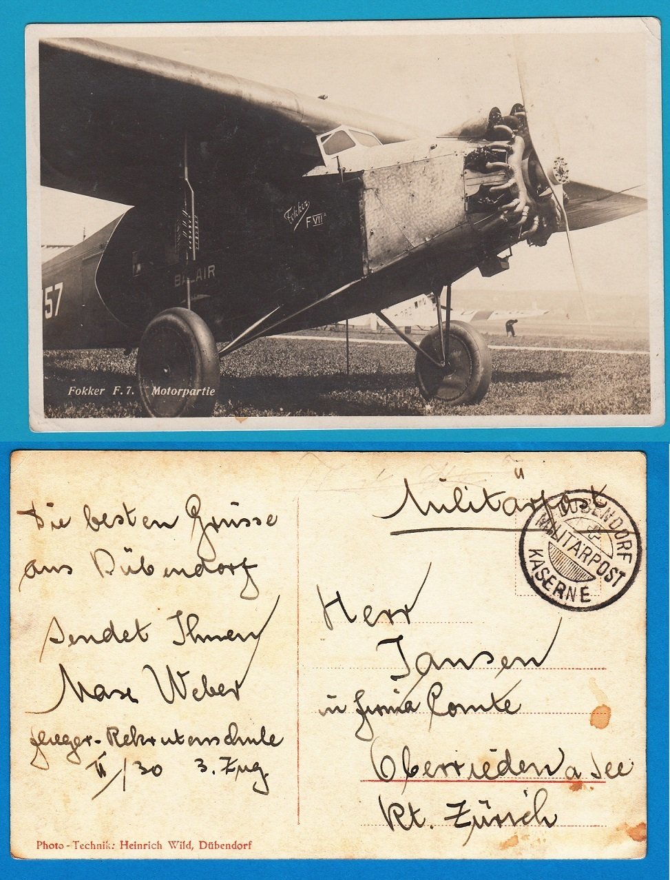 Fokker F7 on military picture post card Switzerland Dusendorf Kaserne