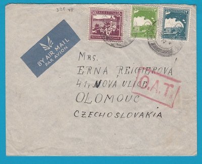 PALESTINE airmail cover 1945 with OAT to Czechoslovakia