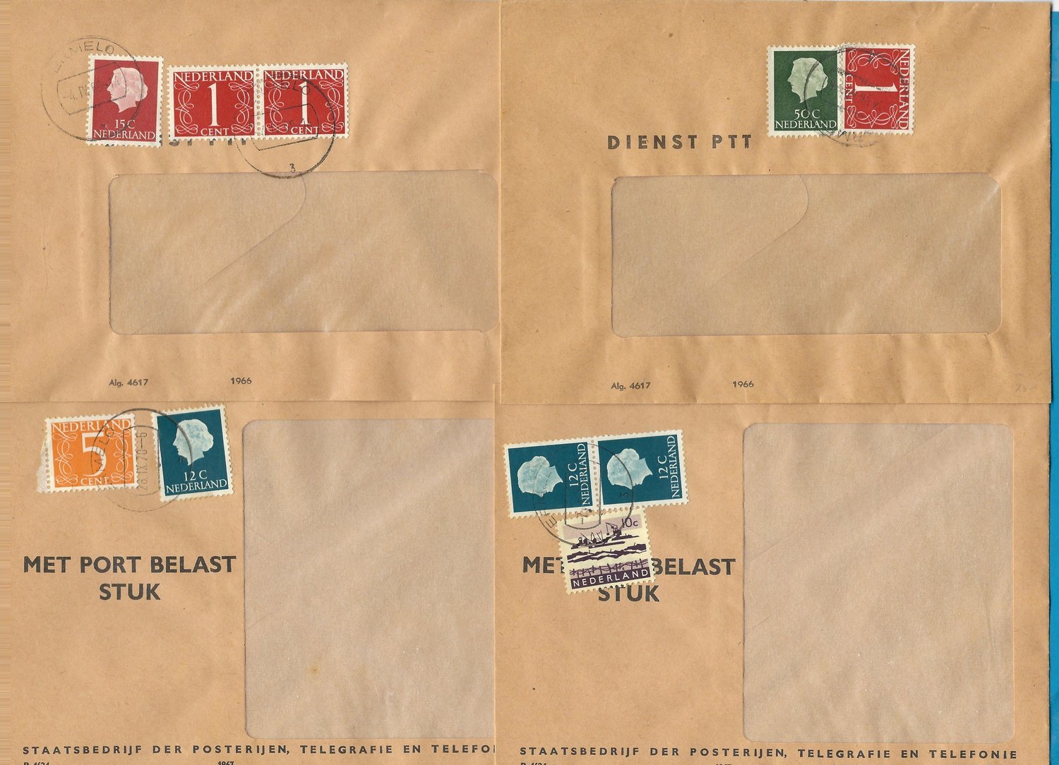 NETHERLANDS 4 PTT envelopes for postage due 1969-71 with postage stamps Ermelo