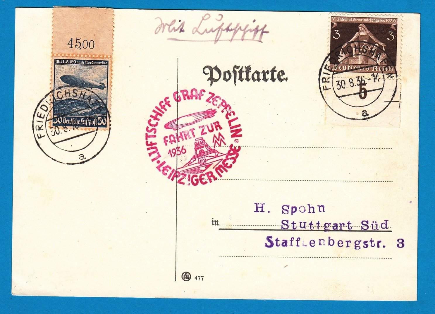 GERMANY Zeppelin card 1936 Leipziger Messe 1936 Friederichtshafen