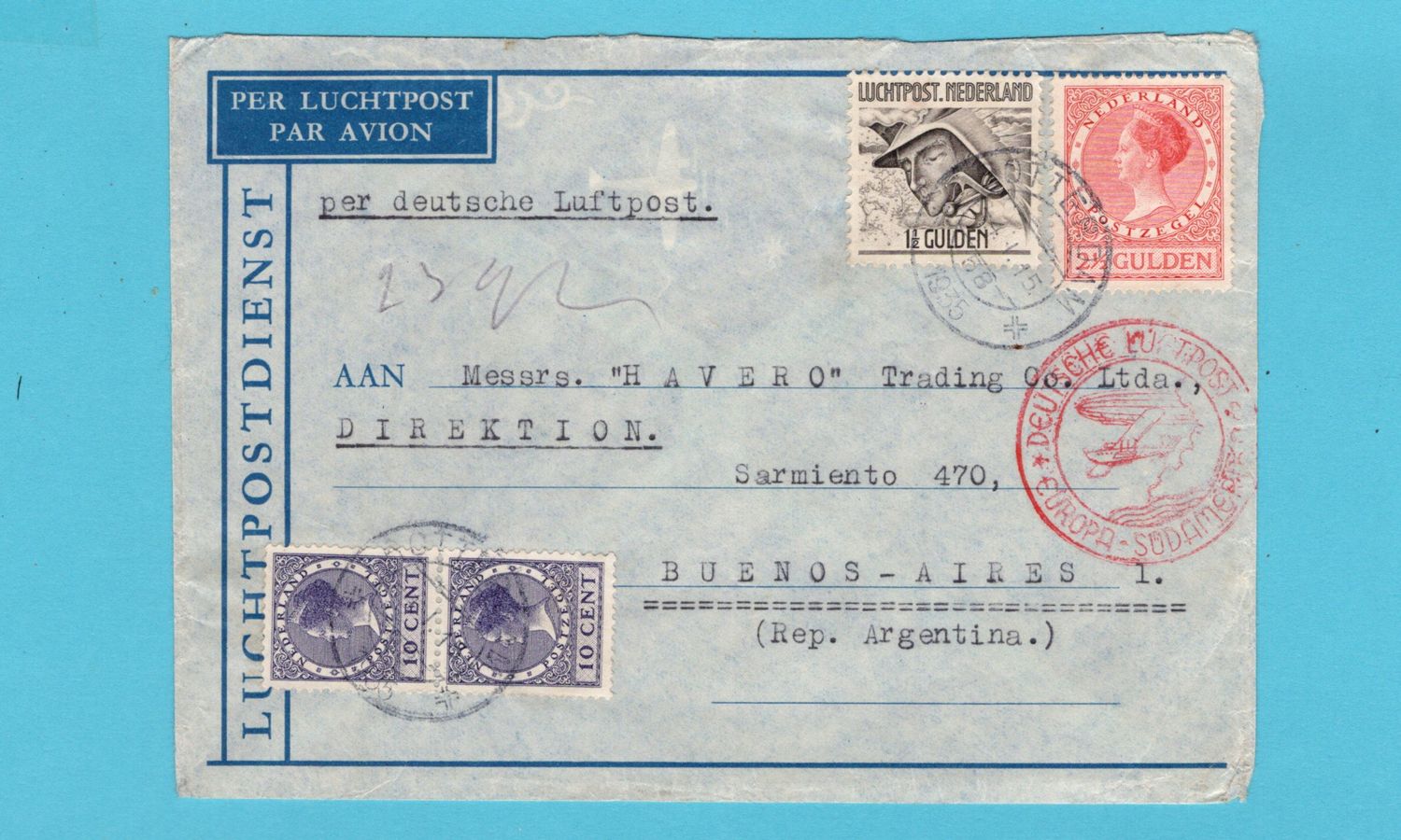 NEDERLAND luchtpostbrief 1935 Rotterdam naar Argentinië