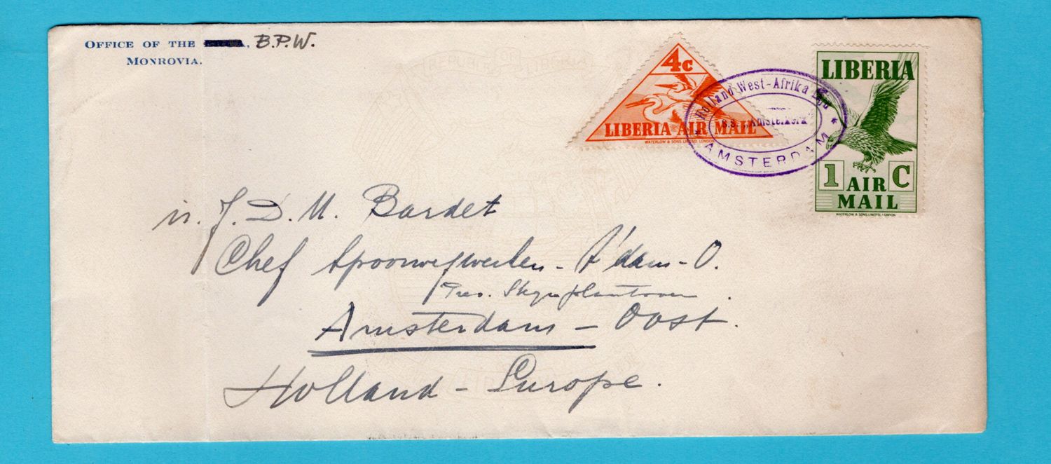 LIBERIA scheepsbrief S.S. Amstelkerk 1939 Holland West Afrika Lijn