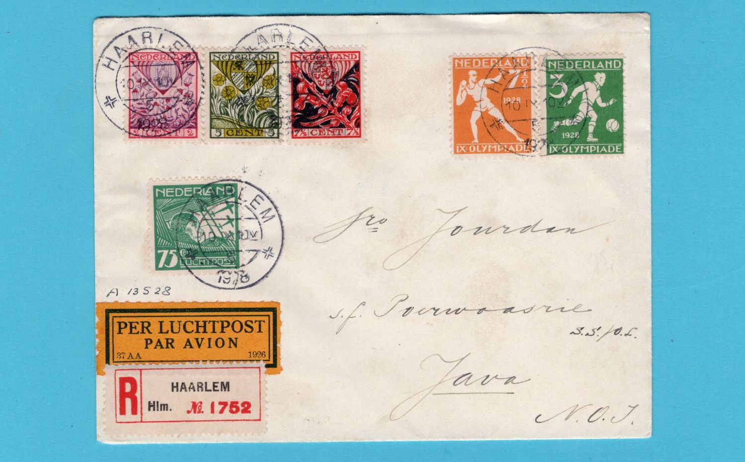 NEDERLAND R lp brief 1928 Haarlem naar Poerwoasri, Ned. Indië