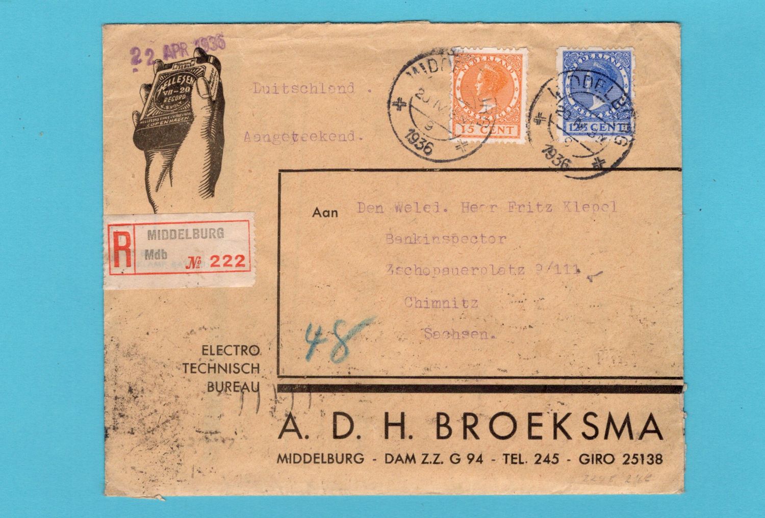 NEDERLAND R brief met roltanding 1936 Middelburg naar Duitsland