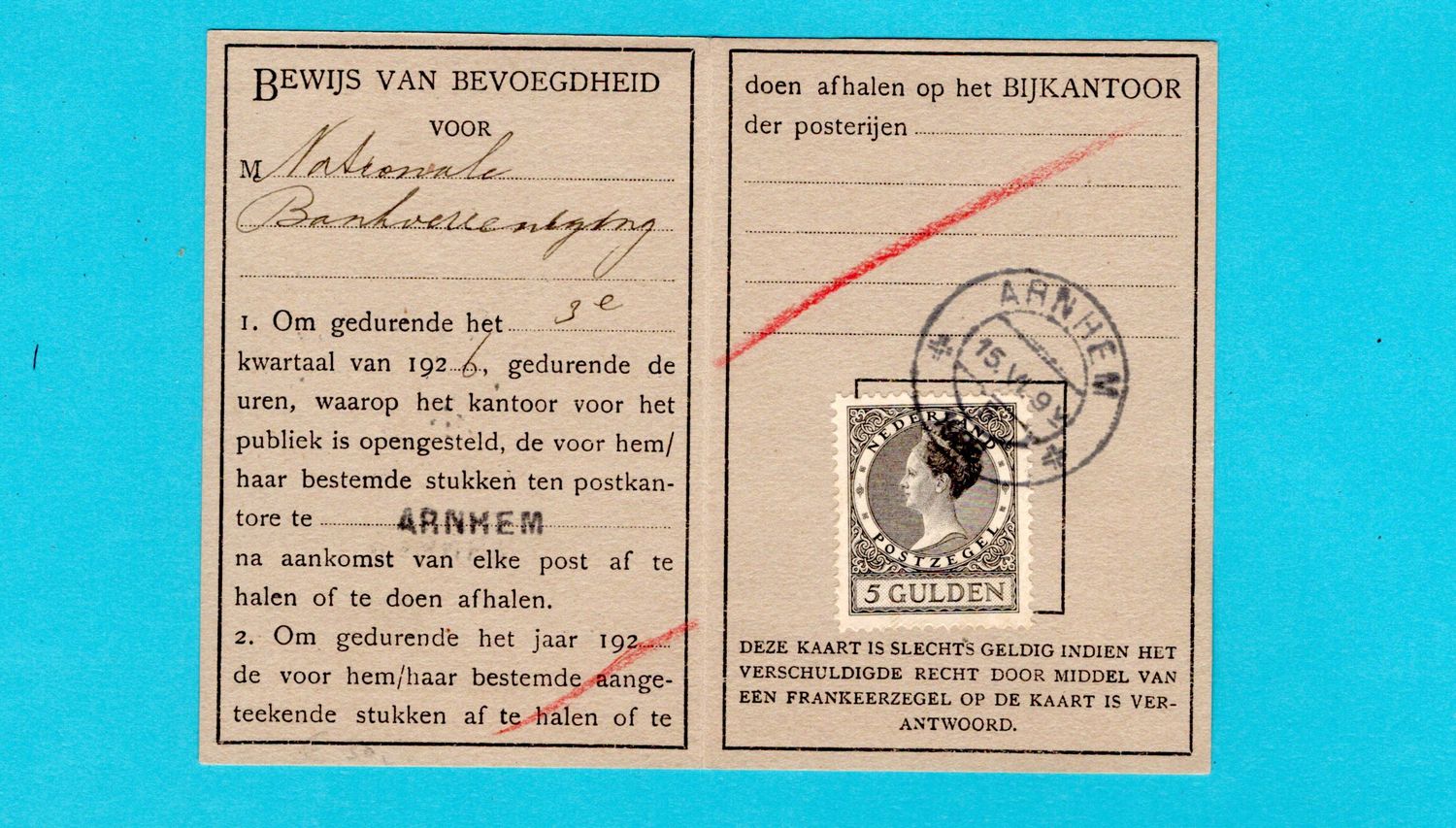 NEDERLAND postbuskaart 1926 Arnhem met 5Gld Veth