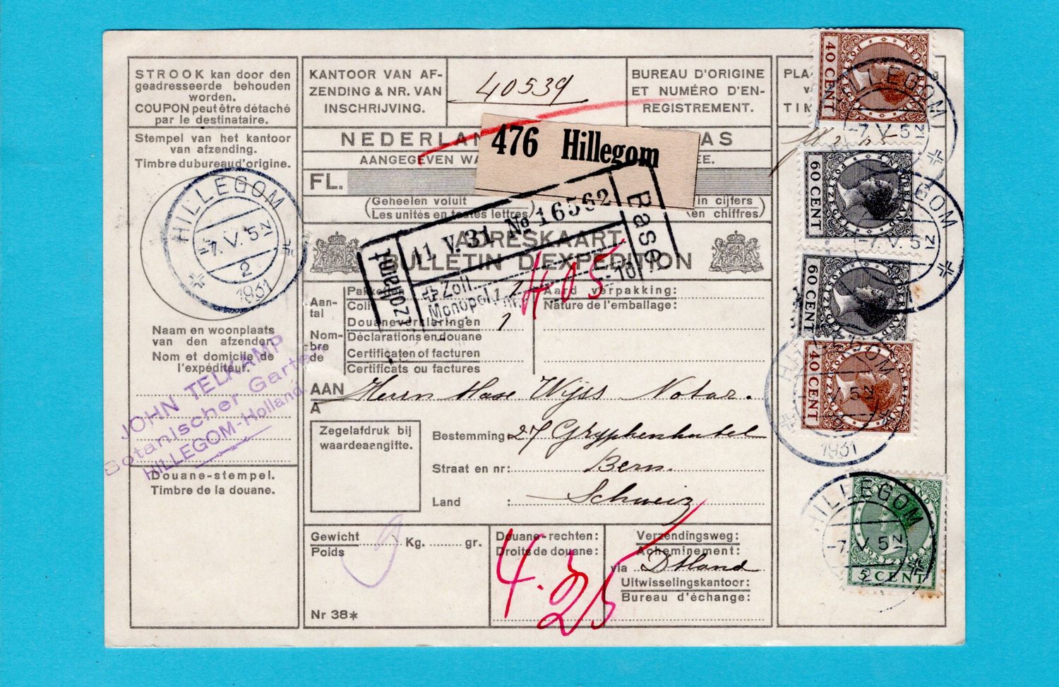 NEDERLAND pakketkaart 1931 Hillegom naar Zwitserland