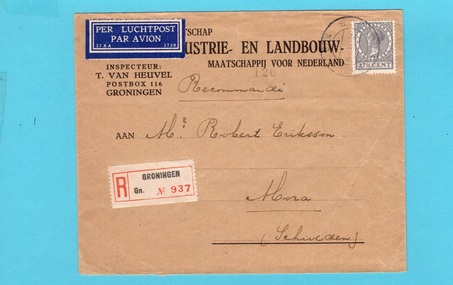 NEDERLAND R lp brief 1936 Groningen naar Zweden