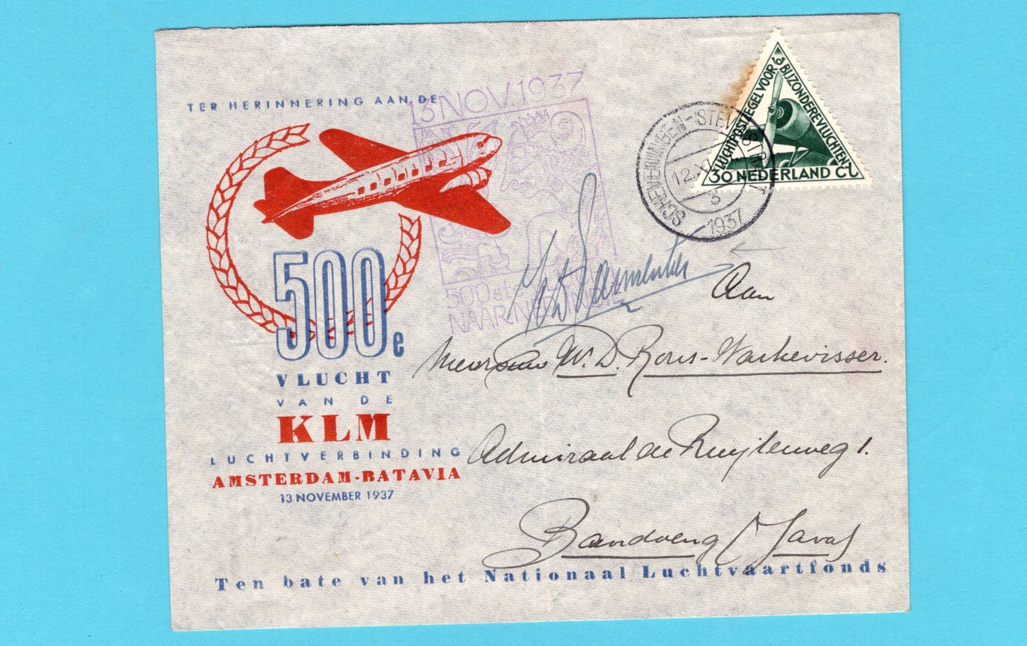 NEDERLAND 500e KLM vlucht naar Indië 1937 met handtekening Parmentier