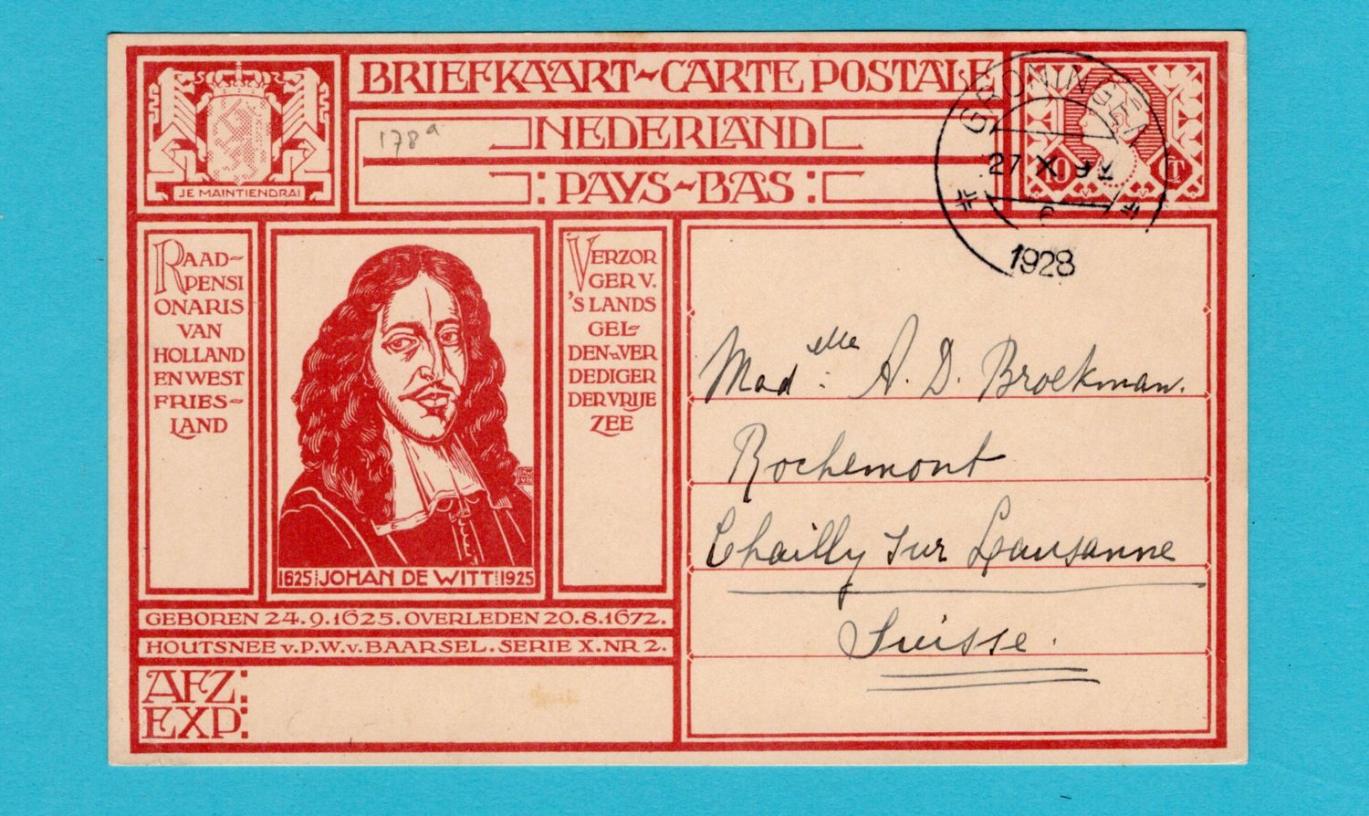 NEDERLAND briefkaar Johan de Witt 1928 Groningen - Zwitserland