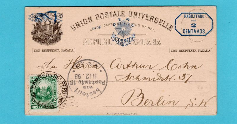 PERU postal card with paid reply 1893 Lima to Germany