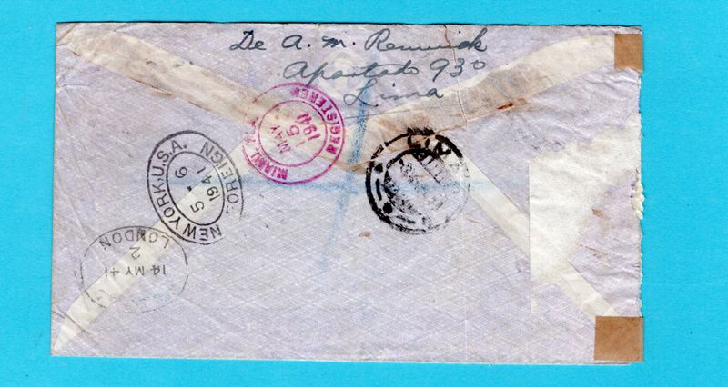 PERU censored R air cover 1941 Lima to Banchory, England