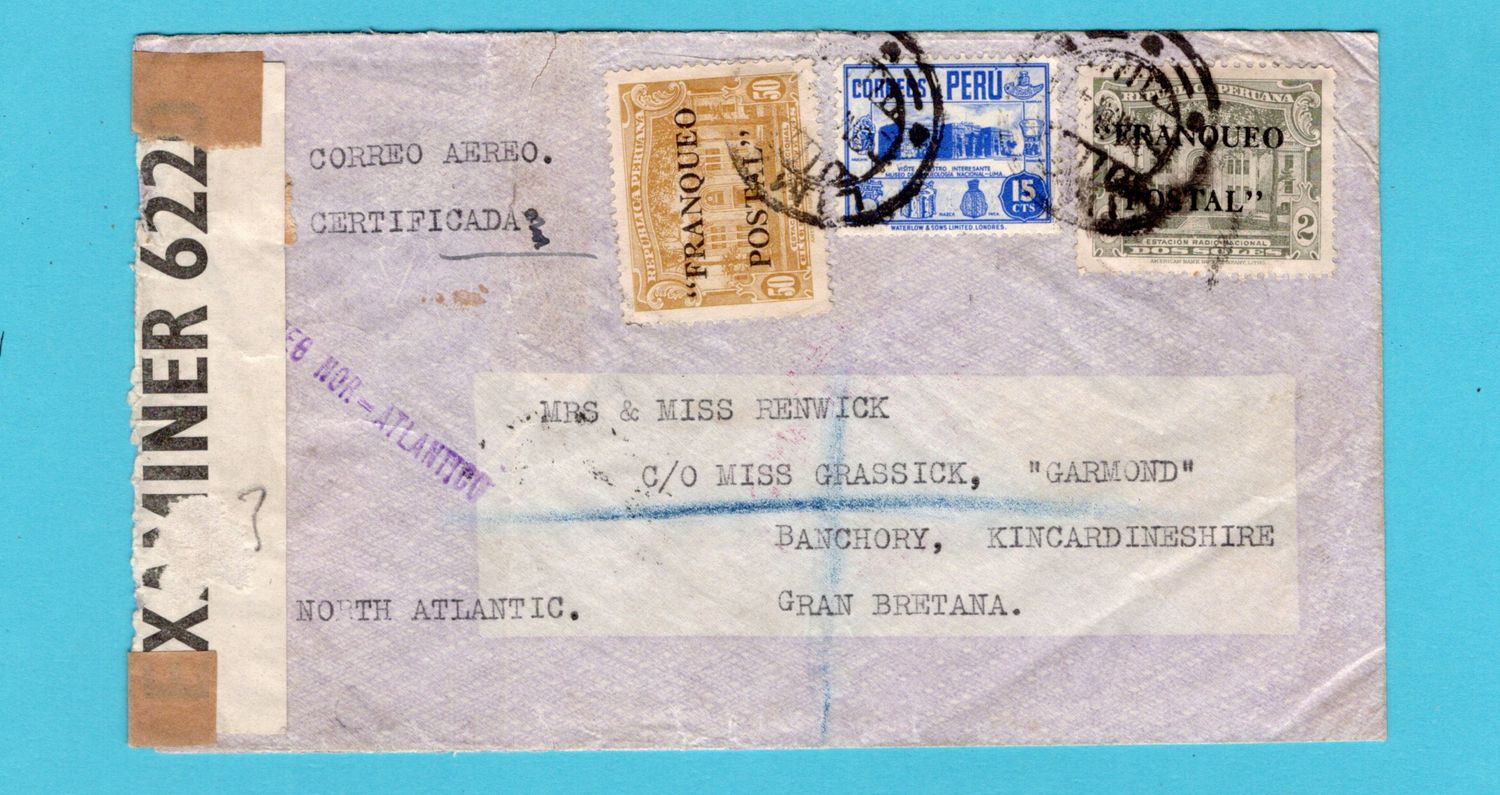 PERU censored R air cover 1941 Lima to Banchory, England