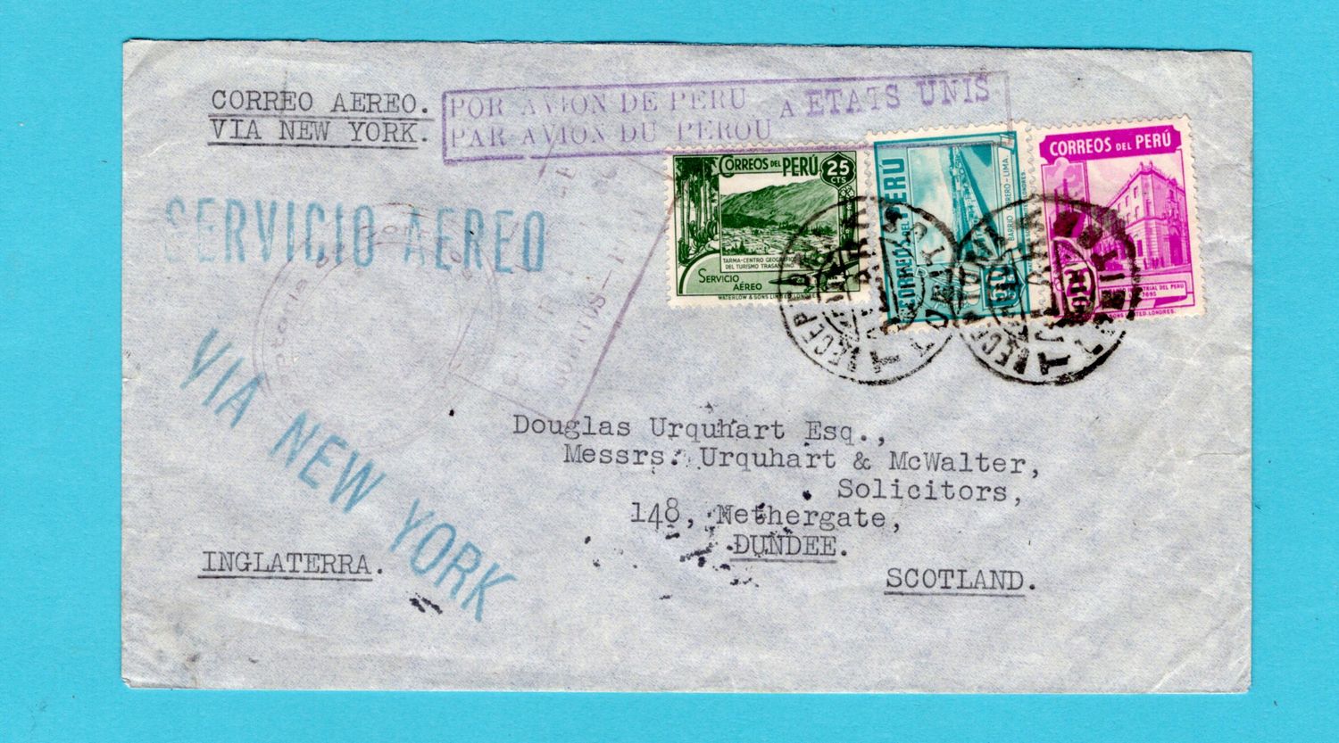 PERU R air cover 1940 Talara to Scotland with route cachet