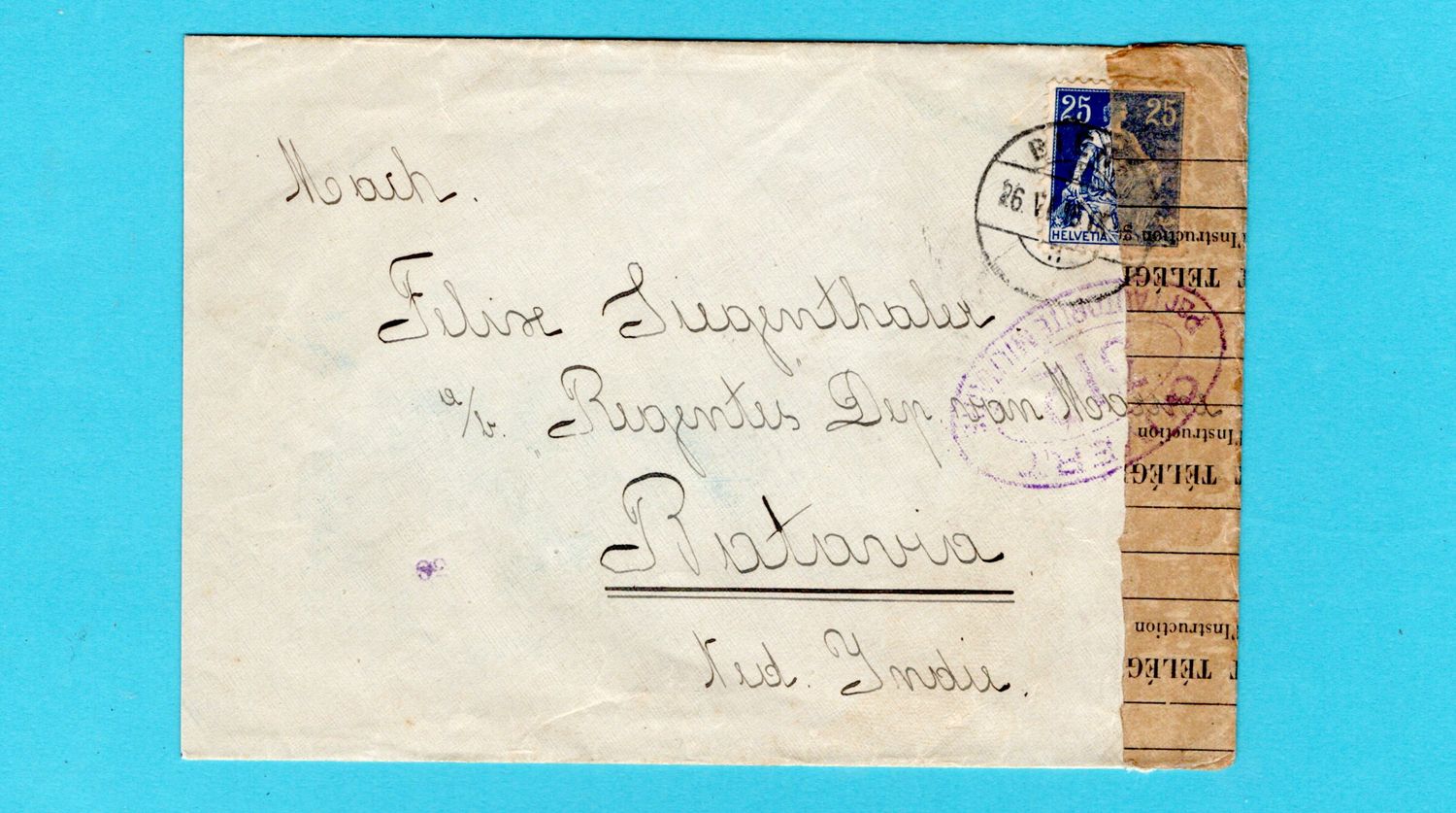 SWITZERLAND censor cover 1916 receiver Dept Marine Weltevreden