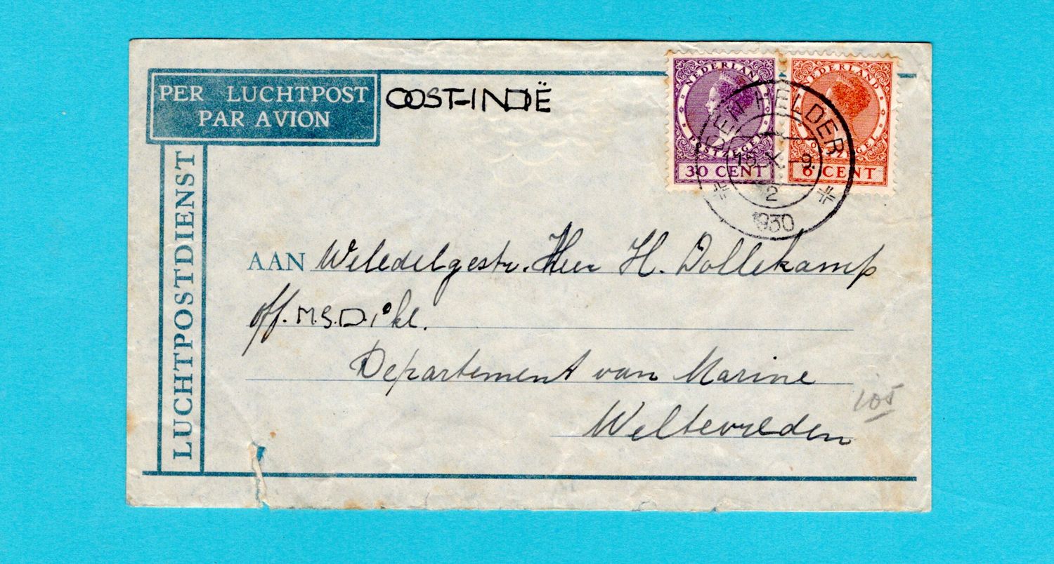 NETHERLANDS air cover 1930 Den Helder to Navy Department at Weltevreden