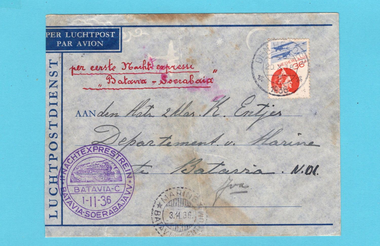 NETHERLANDS air cover 1936 Den Helder by Night expres train to Navy in Batavia
