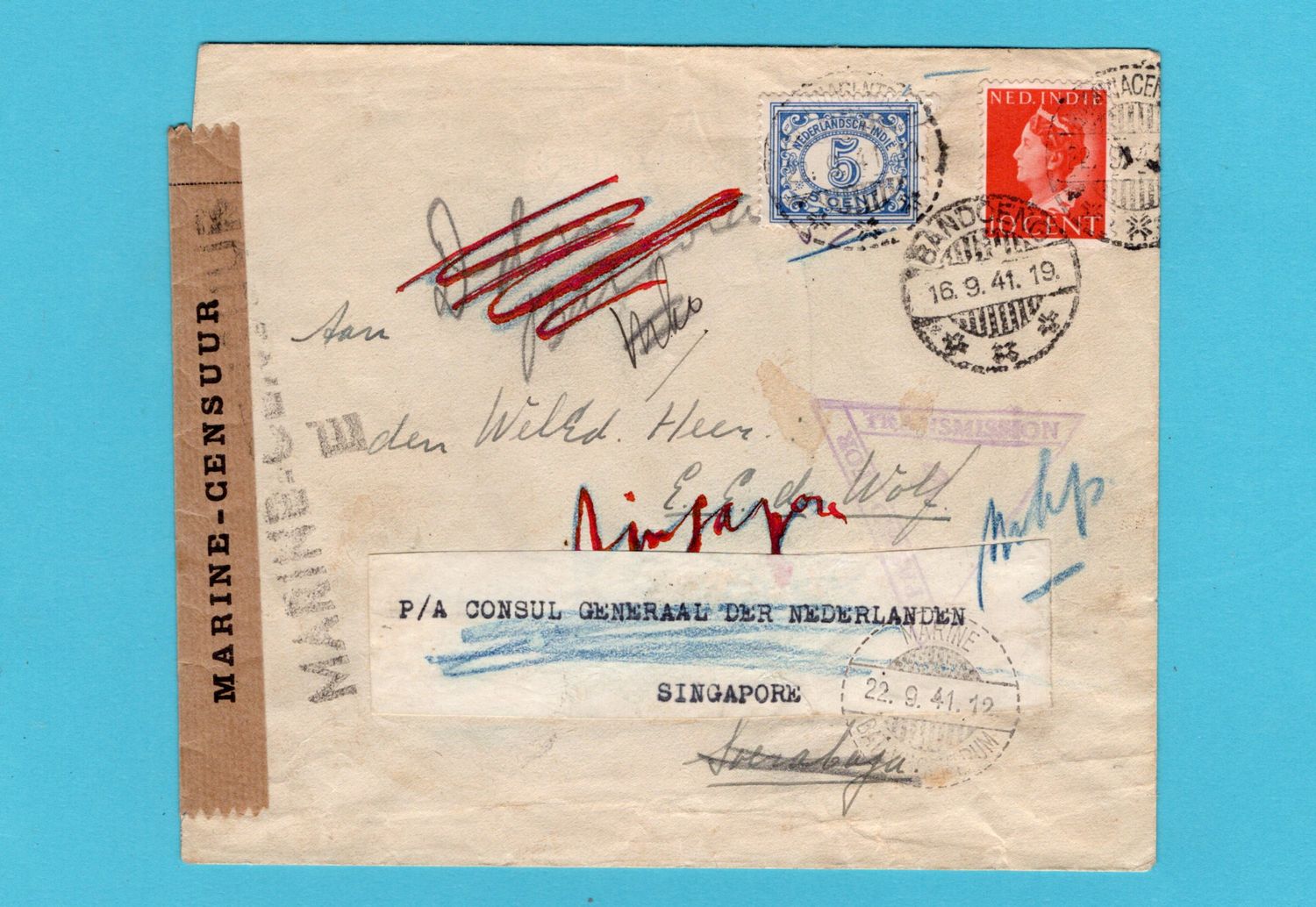 NETHERLANDS EAST INDIES censor cover 1941 Batavia to Soerabaja - forwarded Consul Singapore