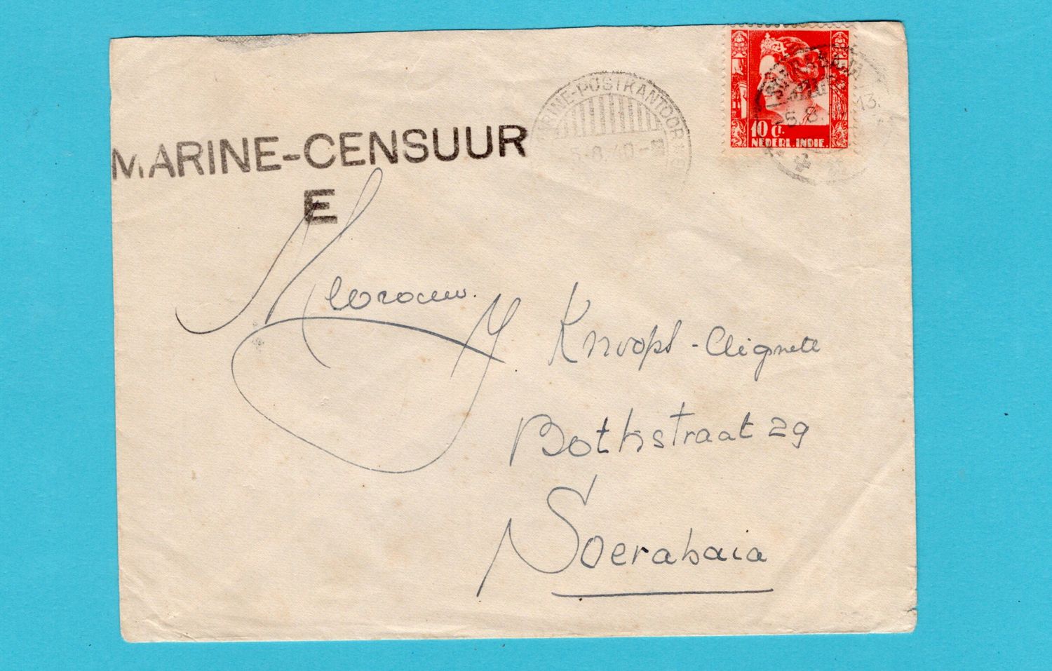 NETHERLANDS EAST INDIES censor cover submarine K-XVI 1940 Soerabaja