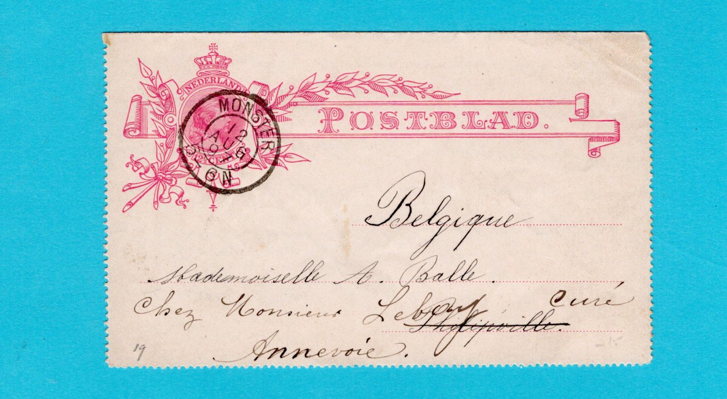 NEDERLAND postblad 12,5ct 1897 Monster naar Philippeville België