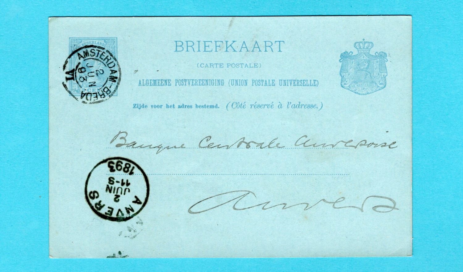 NEDERLAND briefkaart privé bedrukt Mendes Gans 1893 treinstempel