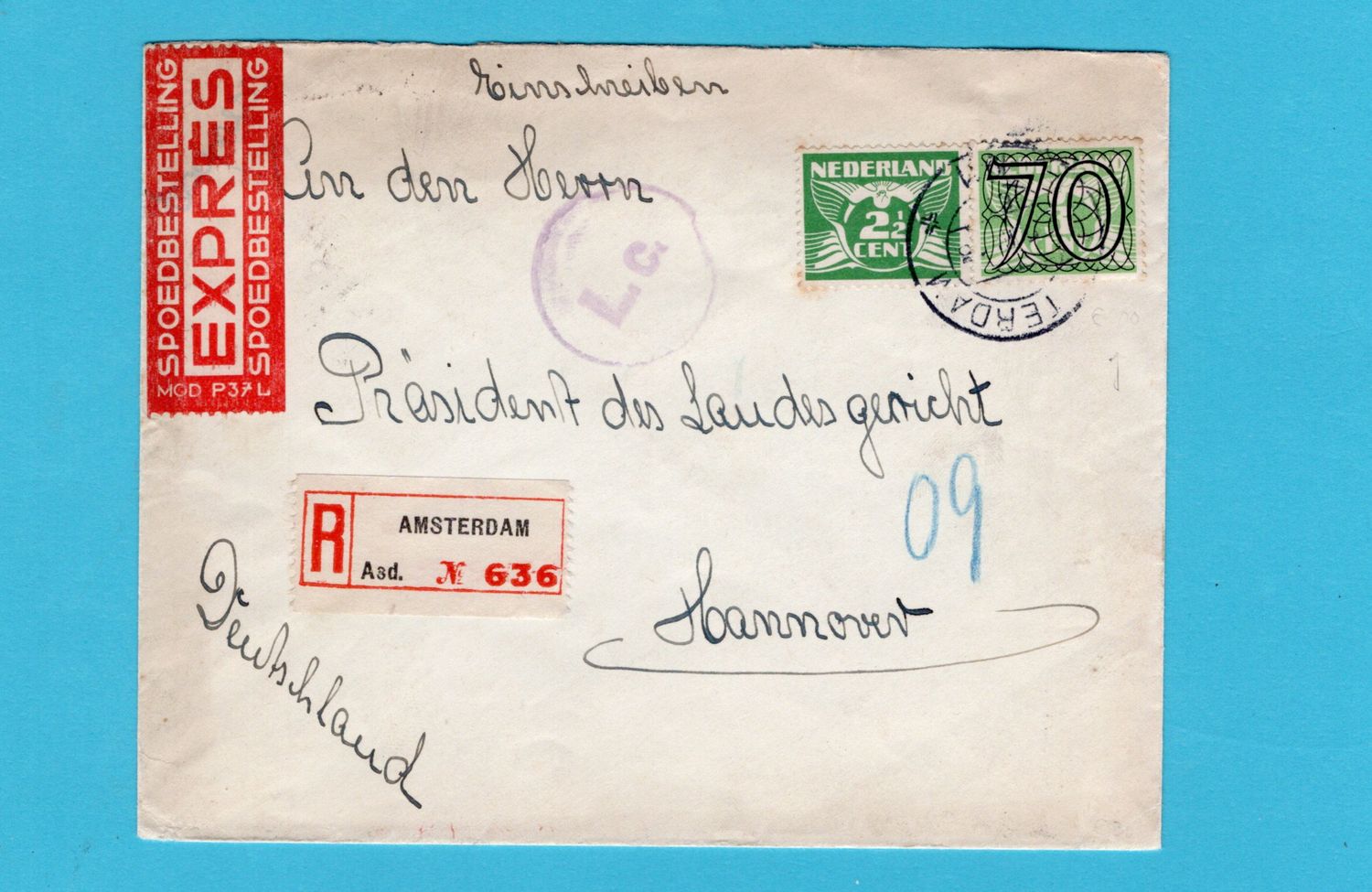 NEDERLAND R expres brief 1941 Amsterdam naar Hannover