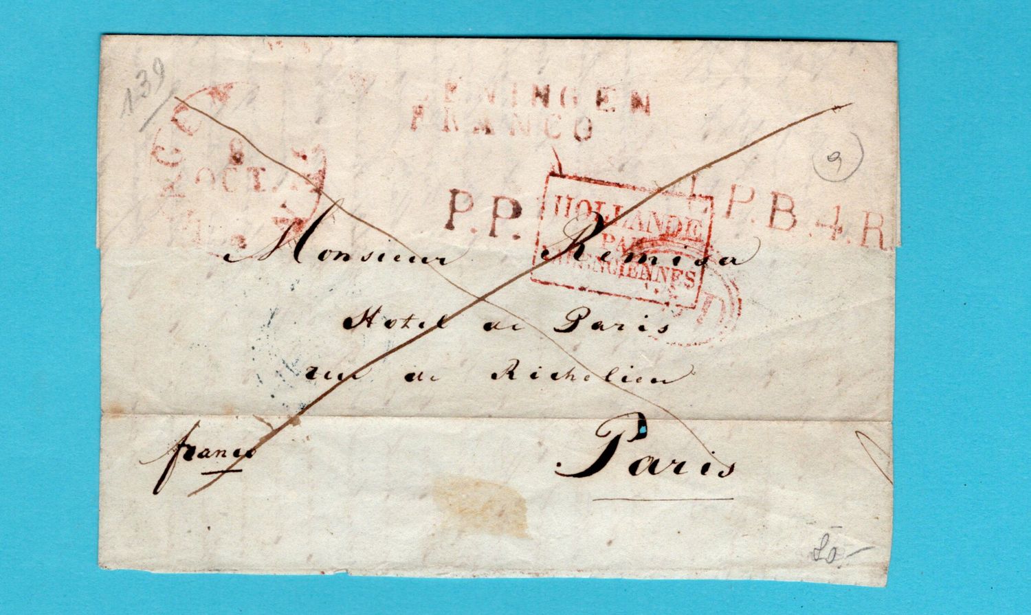 NEDERLAND briefvoorzijde 1838 Wageningen Franco par Valenciennes