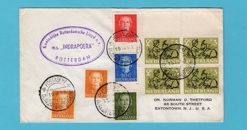 NEDERLAND brief M.S. Indrapoera 1953 Postagent Djakarta-Rotterdam