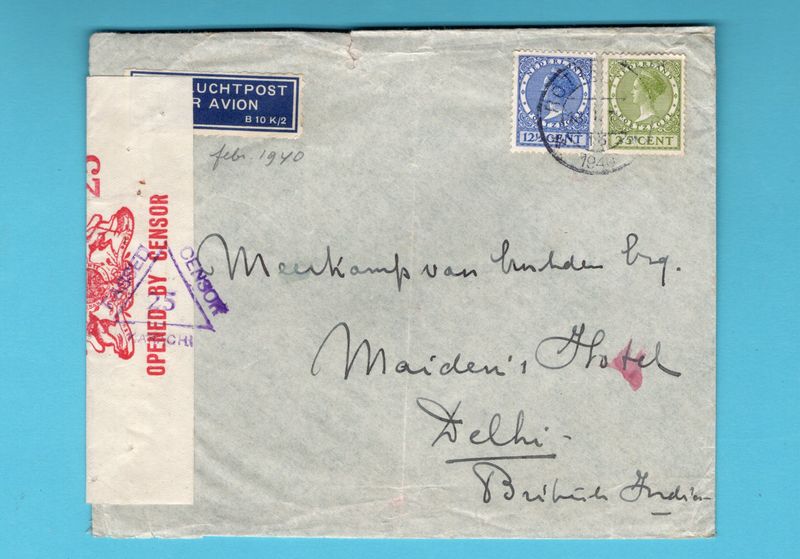 NEDERLAND censuur lp brief feb 1940 Rotterdam naar Delhi, India